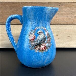 Ceramic Blue Pitcher Vase Bird Distressed Farmhouse Cottagecore White Waxed 7 in